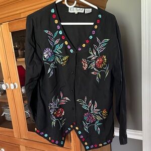 Coldwater Creek Black Floral Embroidered Button-Up Jacket